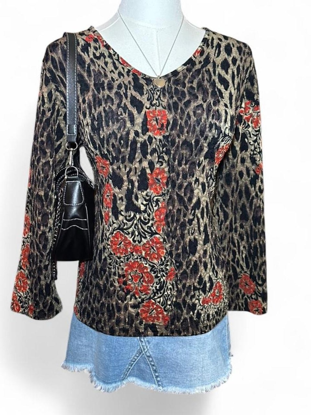 Y2K Coldwater Creek Leopard & Red Floral Top Mob Wife Office Siren Indie Sleaze